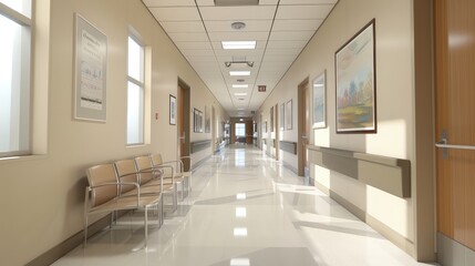 Obraz premium Modern Hospital Corridor, Bright Patient Rooms and Waiting Areas
