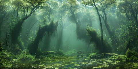 Underwater Swamp Scene Teeming with Submerged Trees, Algae, and Marine Life. Concept Underwater Photography, Swamp Ecosystem, Marine Life, Submerged Trees, Underwater Scenery