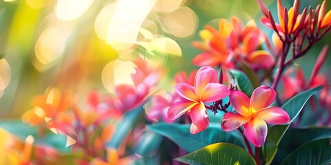 Fototapeta premium Attracting Pollinators with Sweet Fragrance Vibrant Tropical Flowers in Colorful Paradise. Concept Garden, Pollinators, Flowers, Fragrance, Tropical