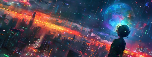 Futuristic Cityscape with Cosmic Celestial Elements in Vibrant Neon Night Sky