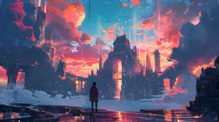 Fototapeta premium Futuristic Cityscape with Dramatic Colorful Sky and Glowing Skyscrapers