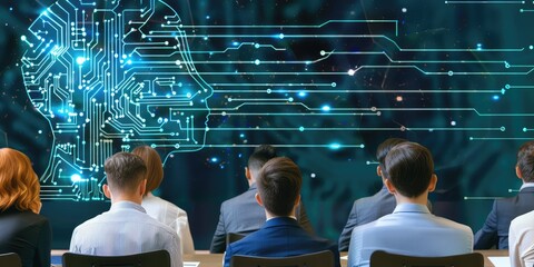 In the workplace, a varied group meets with AI interfaces and avatars displayed on screens for a business discussion AIG62