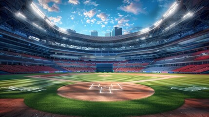 Empty baseball stadium under a blue sky. Concept of sports, competition, and anticipation.