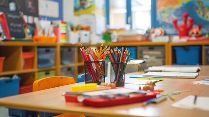 A classroom table with group work materials