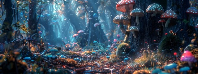 Magical Fairytale Forest Landscape with Glowing Mushrooms and Enchanted Scenery