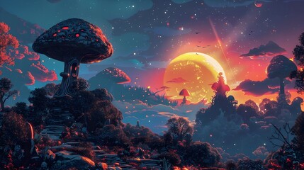 Magical Sunset Landscape with Glowing Mushroom and Reflected Planet in Starry Sky