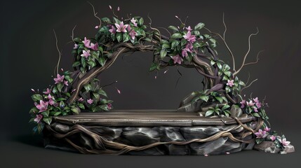 Exquisitely Crafted Wooden Platform Adorned with Vibrant Flowering Vines Encircling a Majestic Arch