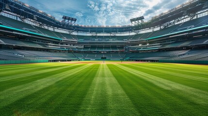 Empty professional baseball stadium with well-maintained green field and clear sky. Concept of sports, athletics, and stadium architecture.