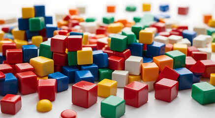 Obraz premium White space in the center of picture with A pile of colorful playing blocks scattered all over the place. The playing toy bricks of different shapes and sizes to show diversity 