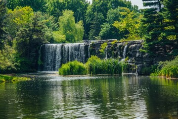A grand pond overlooked by a majestic waterfall, with cascading waters creating a soothing melody that fills the air, Generative AI