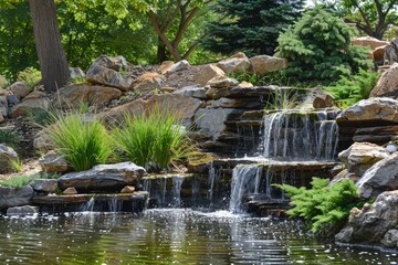 A grand pond overlooked by a majestic waterfall, with cascading waters creating a soothing melody that fills the air, Generative AI