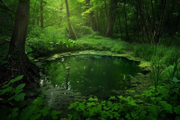 Fototapeta premium A hidden pond deep within a mystical forest, its emerald waters teeming with life and mystery, Generative AI