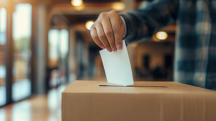 A person's hand casting their ballot into the brown box