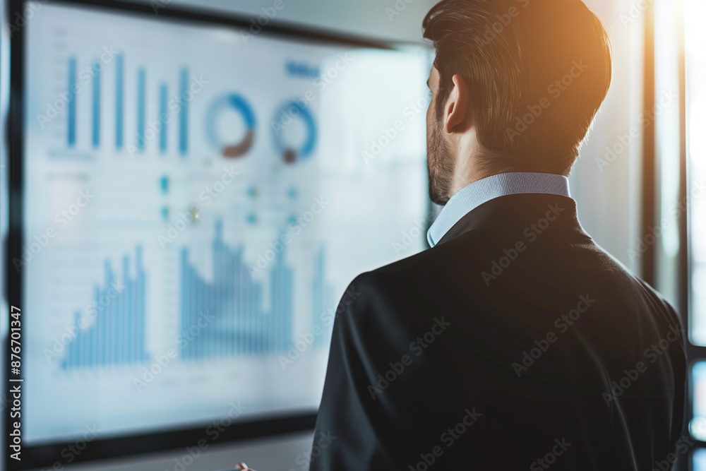 Poster man in a suit is looking at a large monitor displaying graphs. the graphs show data and trends, and 