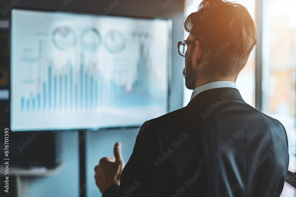 Poster man in a suit is looking at a large monitor displaying graphs. he is giving a thumbs up, indicating 