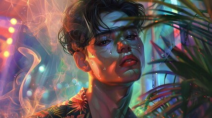 Mystical Feminine Portrait with Neon Leaves and Smoke in Digital Art Style