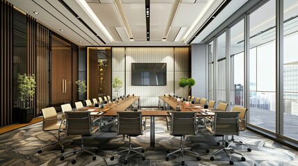 Empty conference room with modern design. Large table, chairs, presentation screen, lighting, office setting, corporate environment, meeting space, professional, business. Generative by AI.