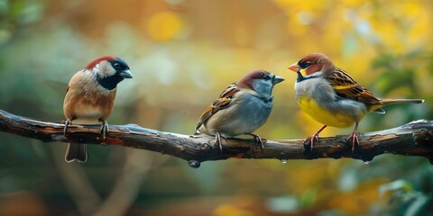 Fototapeta premium Birds on branch sparrow finch chickadee with various colors and patterns. Concept Bird Watching, Avian Species, Nature Photography, Ornithology, Bird Identification
