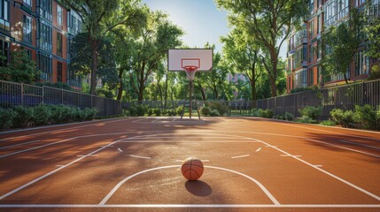 Empty outdoor basketball court at sunset in an urban park. Concept of sports, recreation, and evening activities.