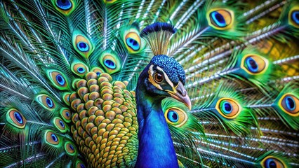 Obraz premium Detailed of a vibrant peacock with intricate feather patterns and colors, Peacock, bird, colorful, feathers, detailed, vibrant