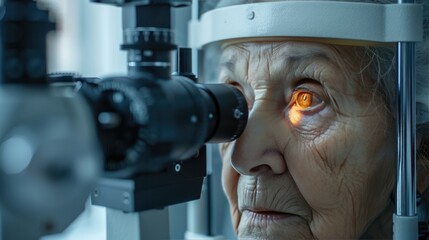 Senior woman undergoing eye examination in clinic with medical equipment, close-up view of patient's face receiving ocular check-up.