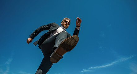 Businessman go step on sky. Next Steps. Business Ambitions concept. Goal business success strategy. Creative growth development. Growth business success process. Steps Forward. Step by step.