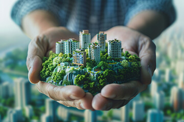 Close-up shot of a man cradling a detailed miniature city model in his cupped hands. The city includes tiny, architecturally diverse buildings, verdant trees, and a gently flowing river. The hands