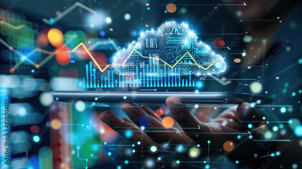 Poster hand holding a tablet with a glowing cloud of financial data and graphs