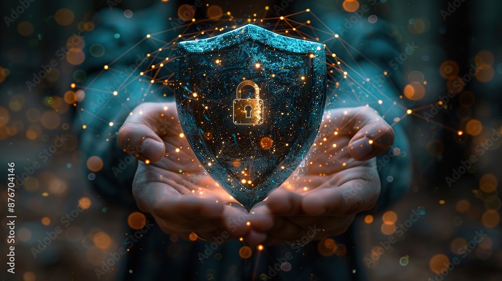 Poster glowing digital shield of protection in hands with glowing network connections