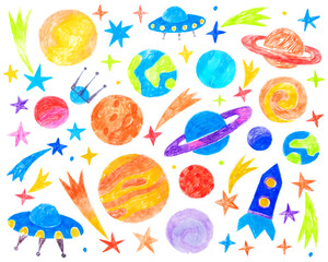 Space, planets and stars, rocket and UFO. Doodle drawing by hand with colored pencils. Drawings with crayon. Cute children's drawings. Solar system. Colorful hand drawn elements. © sorninai