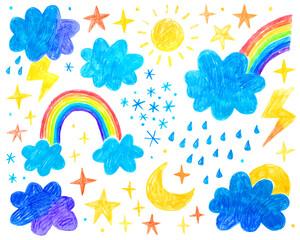 Doodle drawing by hand with colored pencils. Drawings with crayon. Weather symbols, clouds, thunderstorm, rainbow, rain and drops, snow, moon and sun, stars. Colorful hand drawn elements.