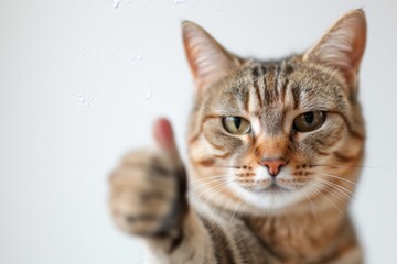 Obraz premium Cute and Expressive Tabby Cat with Thumbs Up Pose, Detailed Studio Shot Isolated on White Background