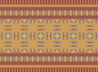 Cross Stitch Embroidery. Ethnic Patterns. Native Style. Traditional Design for Texture, Textile, Fabric, Clothing, Knitwear, Print. Geometric Pixel Horizontal.