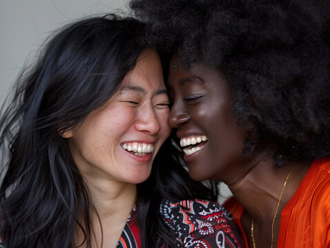 A close-up photo bursting with vibrant energy. An Asian woman with long, flowing black hair and a mischievous glint in her eyes leans in to whisper a joke to her friend, a Black woman with a stylish