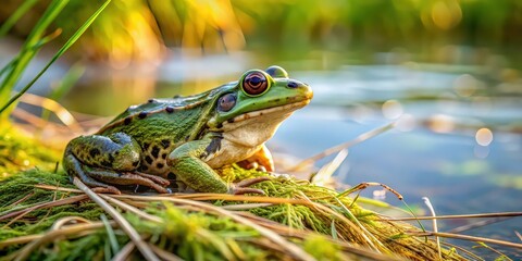 Fototapeta premium Wild frog sitting on a grass straw near the river in its natural habitat, Hyla arborea, amphibian, green