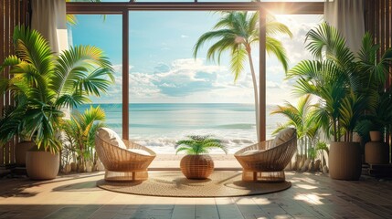 Background featuring a sunny beach resort with modern architecture, designed for relaxation and outdoor enjoyment.