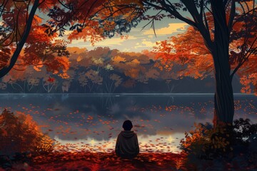 Fototapeta premium By a lakeside covered in autumn foliage, a person sits, enjoying the peaceful scenery and gentle sound of water. Cozy vibe, Generative AI