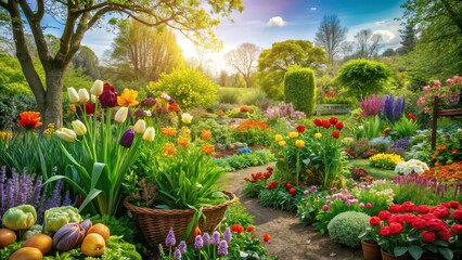 Obraz premium Lush spring garden with colorful flowers and vegetables , lush, spring, garden, flowers, vegetables, blooming, colorful, nature