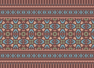 Cross Stitch Embroidery. Ethnic Patterns. Native Style. Traditional Design for Texture, Textile, Fabric, Clothing, Knitwear, Print. Geometric Pixel Horizontal.