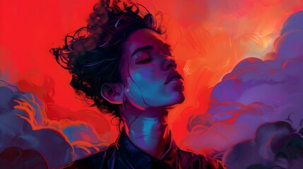 Surreal Portrait of Fiery Ethereal Figure Amidst Dramatic Cloudy Skies and Mystical Energy
