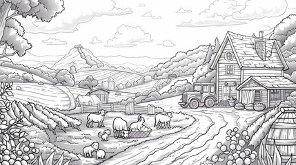 A coloring book page depicting a busy farm, with children feeding animals, harvesting crops, and riding on a tractor.