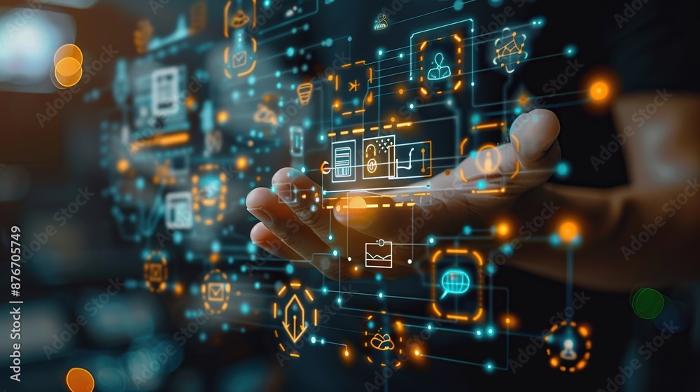 Poster Hand interacting with a digital interface displaying various technology-related icons