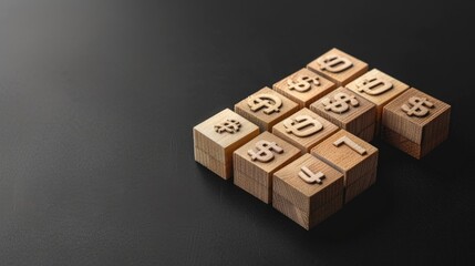 Financial Growth Concept with Wooden Blocks Currency Symbols on Black Background