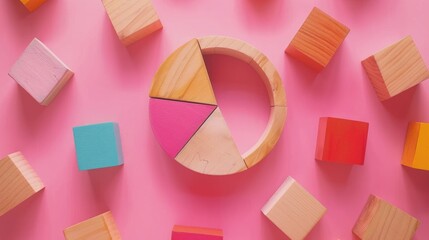 Business Analysis Presentation with Wooden Blocks Circular Graph on Pink Background, Vibrant Modern Design