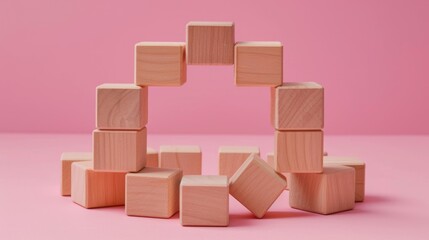 Market Share Growth Analysis: Wooden Blocks Circular Chart Showing Increasing Trend on Pink Background, Business Concept