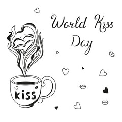 World Kissing Day vector image in doodle style. Greeting card with an image of lips, a cup of steam and hearts. Holiday concept for lovers.
