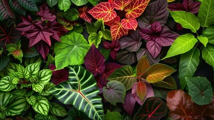 Naklejka premium Lush foliage of various tropical plants with vibrant colors and intricate patterns