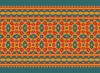 Cross Stitch Embroidery. Ethnic Patterns. Native Style. Traditional Design for Texture, Textile, Fabric, Clothing, Knitwear, Print. Geometric Pixel Horizontal.