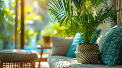 background: A sunny beach resort wallpaper evoking relaxation and vacation vibes, perfect for a modern sunroom.