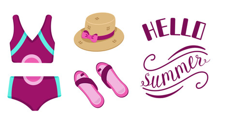 Vector set of clothes and accessories for the beach and seaside holidays. Summer beach fashion. Color illustration of a swimsuit, raffia bag and hat.